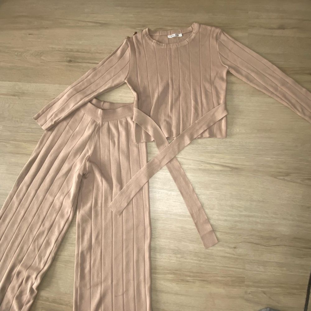 Beige Ribbed Knit Two-Piece Set